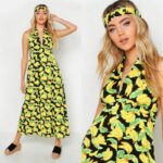 Banaani prindiga pikk suvine hõlmikkleit Alexandra + peapael