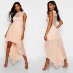 Heegeldatud ülaosaga high-low stiilis puudriroosa pidulik šifoonkleit Adeline