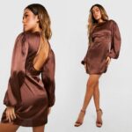 Avatud seljaosaga tumepruum pidulik satiinkleit Liina