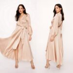 Hõlmiklõikega beez pidulik satiinist maksikleit